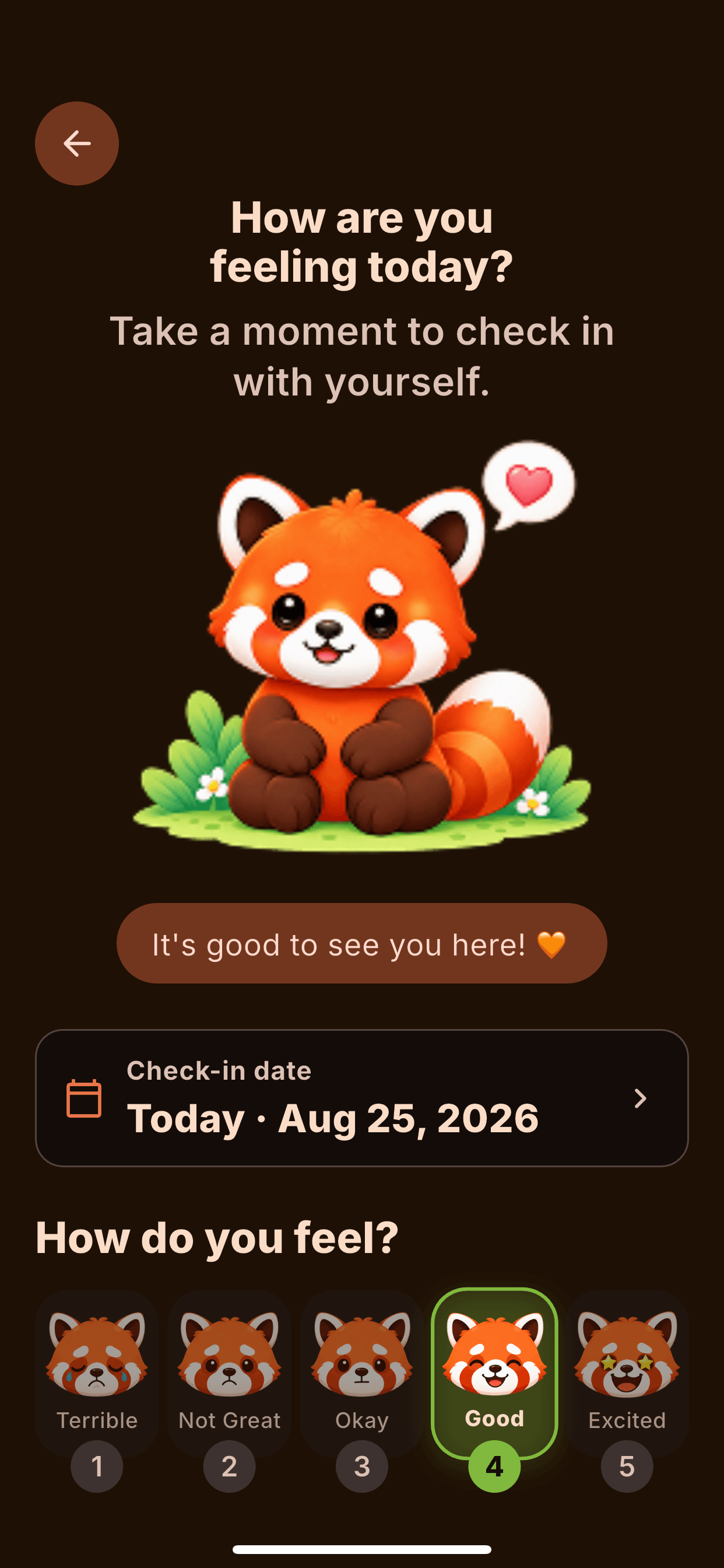 Reflect Mood check-in screen with five red panda mood choices from Terrible to Excited