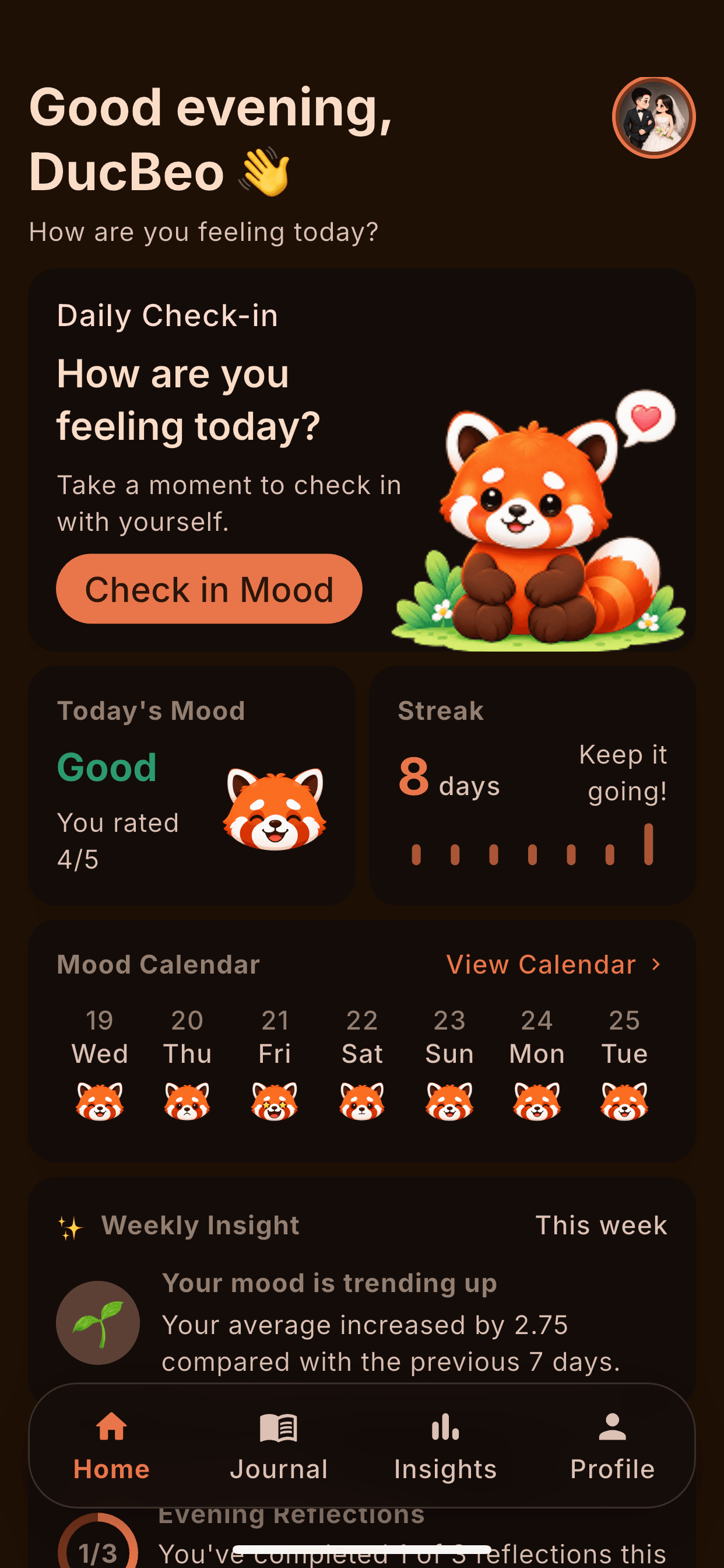 Reflect Mood home screen showing a daily check-in, today's mood, streak, mood calendar, and weekly insight