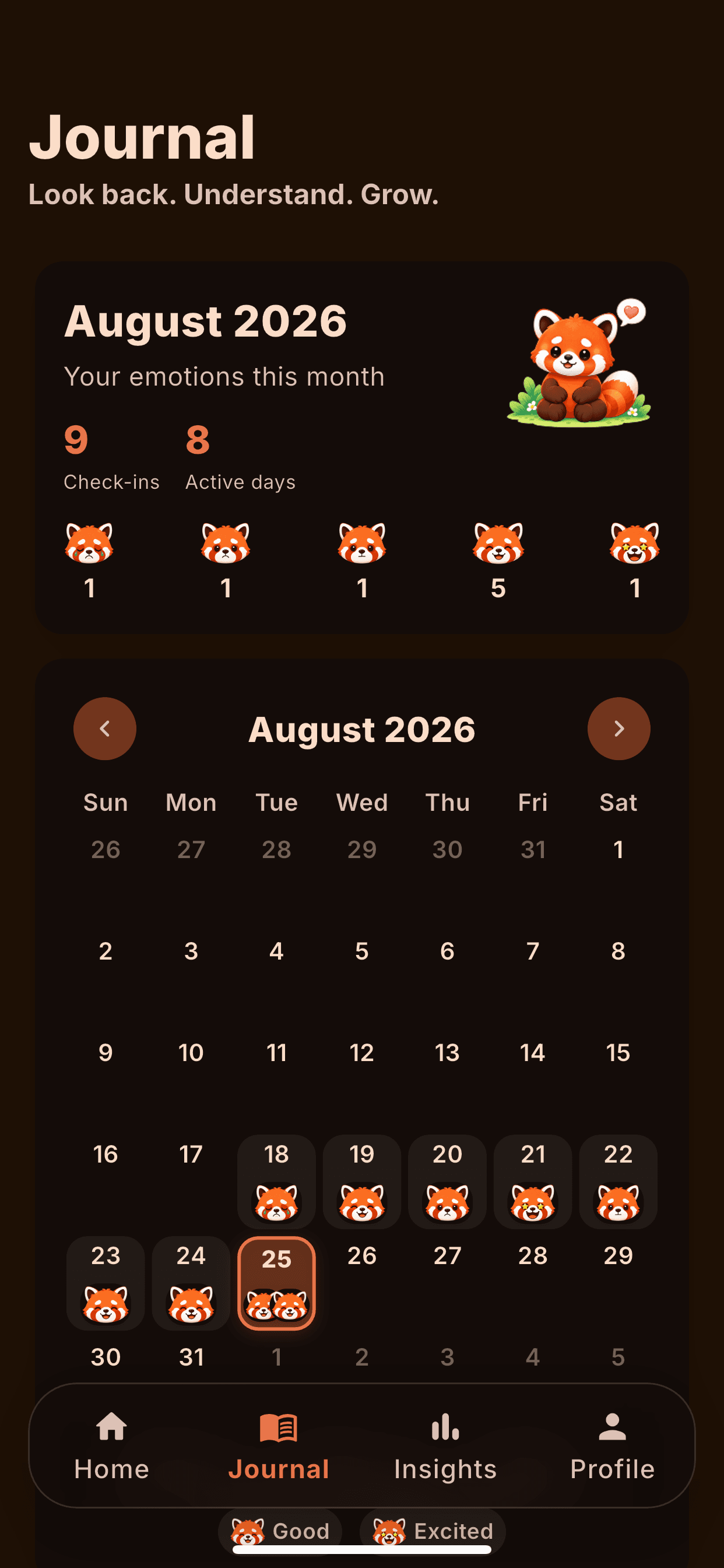 Reflect Mood journal screen showing a monthly mood summary and calendar